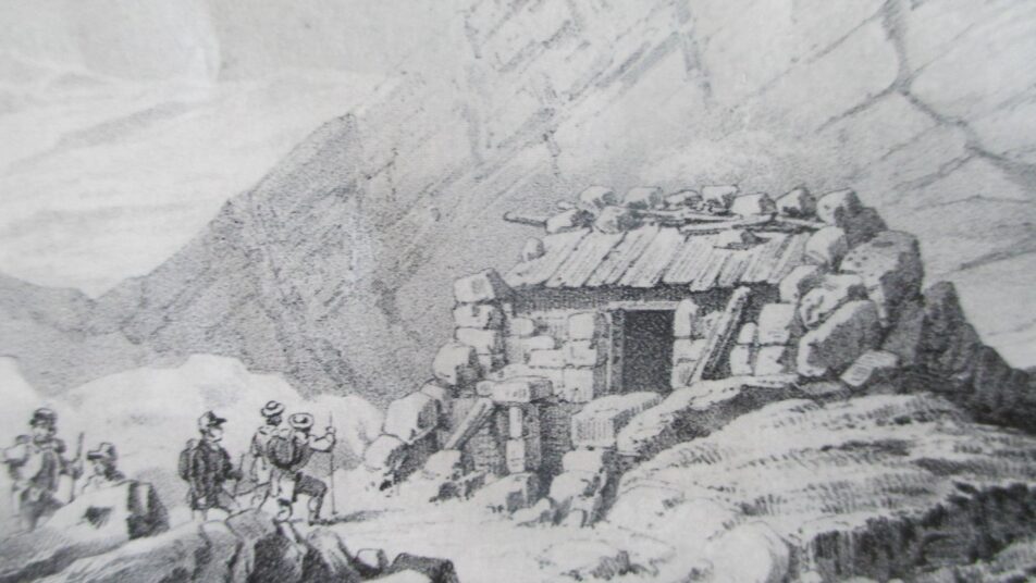 Die vor 175 Jahren eröffnete Unterkunft auf dem Säntis war eine überaus bescheidende Hütte, die bei Wetterumschlägen und frühem Einnachten Schutz gewährte. (Bildrepro: Peter Eggenberger)