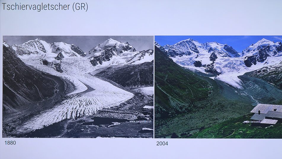 Fotos dokumentieren den Rückgang des Tschiervagletscher (GR) in den 124 Jahre von 1880 bis 2004 eindrücklich.
