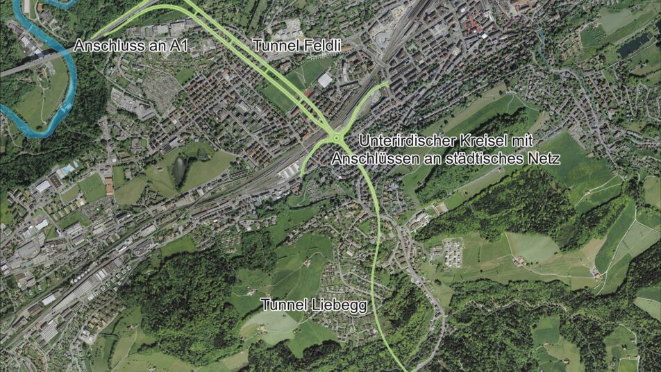 Die Vogelperspektive zeigt, wie dereinst das Appenzellerland ab der Teufenerstrasse via Tunnel Liebegg und einen unterirdischen Kreisel in Richtung Zürich an die A1 angeschlossen werden könnte. (Bild: Bundesamt für Strassen Astra)