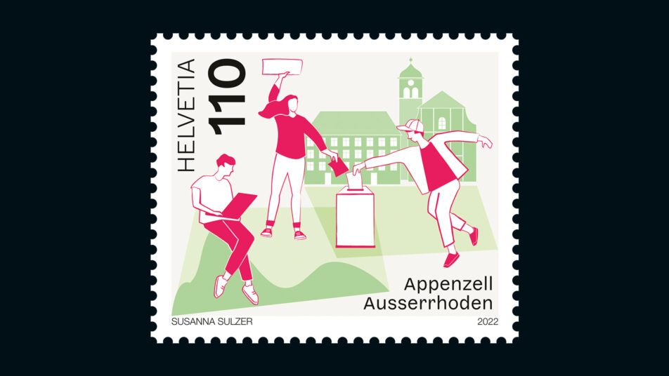 Der neue Briefmarkenbogen enthält die 26 Kantonsmarken plus eine Briefmarke mit einem Sujet zum «Haus der Kantone». Unser Bild zeigt das Ausserrhoder Sujet. (Bild: zVg)