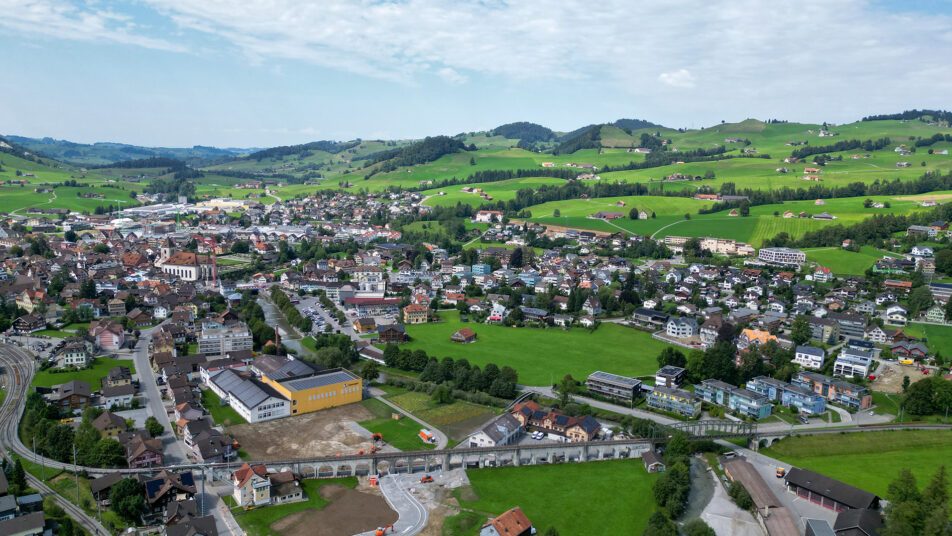Luftaufnahme des Appenzellerviaduktes, Blick Richtung Appenzell; Aufnahmedatum August 2023.