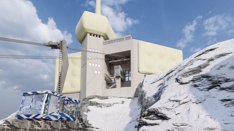 Entgegen dem ersten im vergangenen Jahr präsentierten «Projekt Schwebebahn 2025» sollen gemäss den überarbeiteten Plänen die Tal- und Bergstation weiterhin genutzt werden. Damit bleibt das ikonische Aussehen der Mehrzweckbaute auf dem Säntis erhalten. (Visualisierung: zVg)